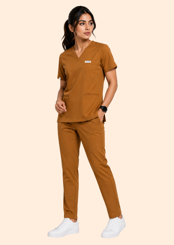 Apex V-Neck Scrub Set — Women · Honey Amber
